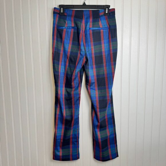 Zara blue green plaid trousers flat front zipper detail size small Q2 - Picture 3 of 5